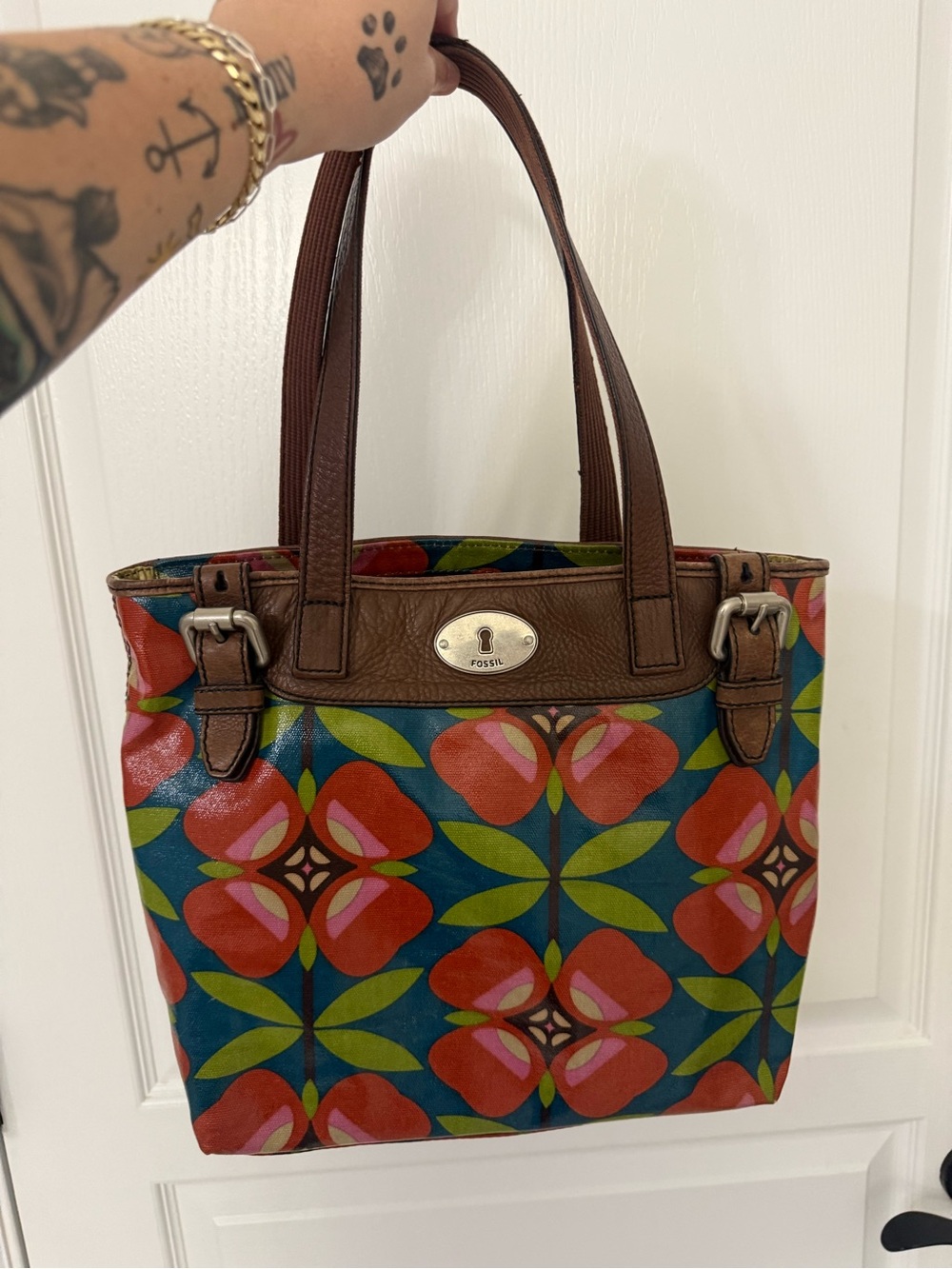 Fossil Blue Multi Floral Pattern Tote with Brown Leather Trim